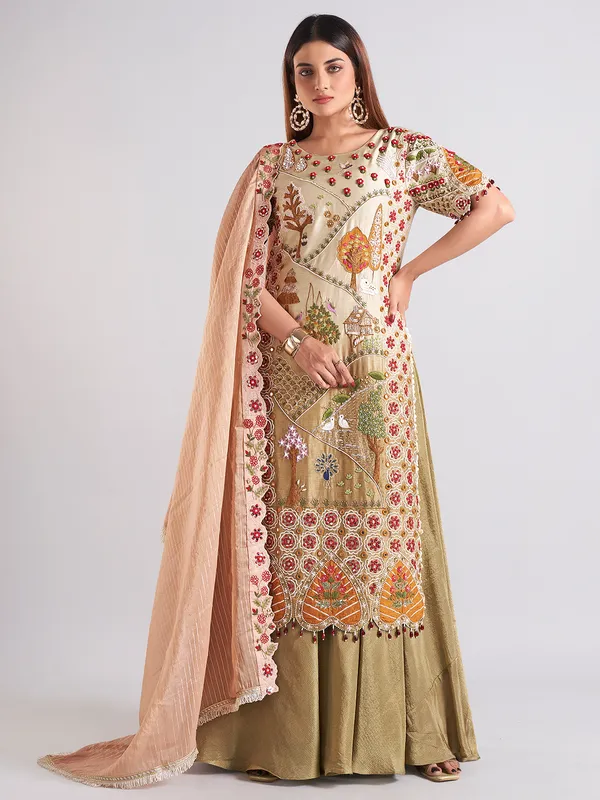 Beige and olive silk palazzo salwar suit