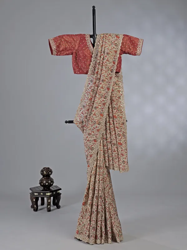 Beige and peach silk printed zardosi saree