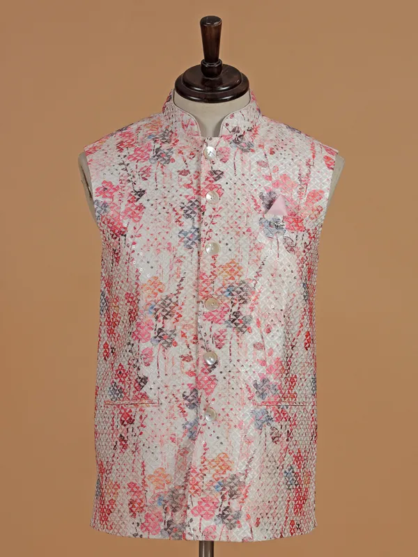 Beige and pink cotton silk printed waistcoat
