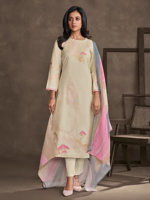 Beige and pink cotton silk thread worked salwar suit