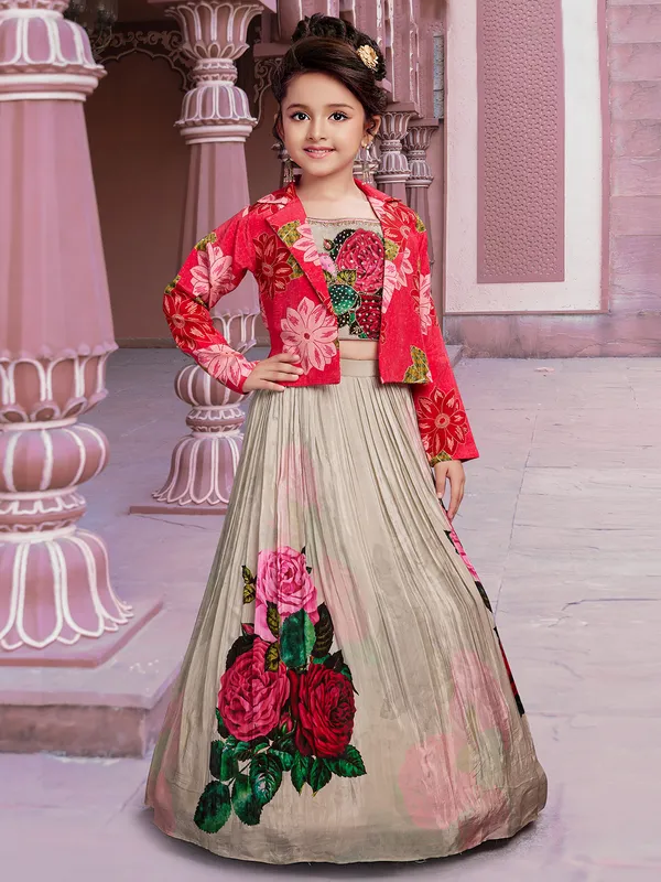 Beige and pink floral printed lehenga choli