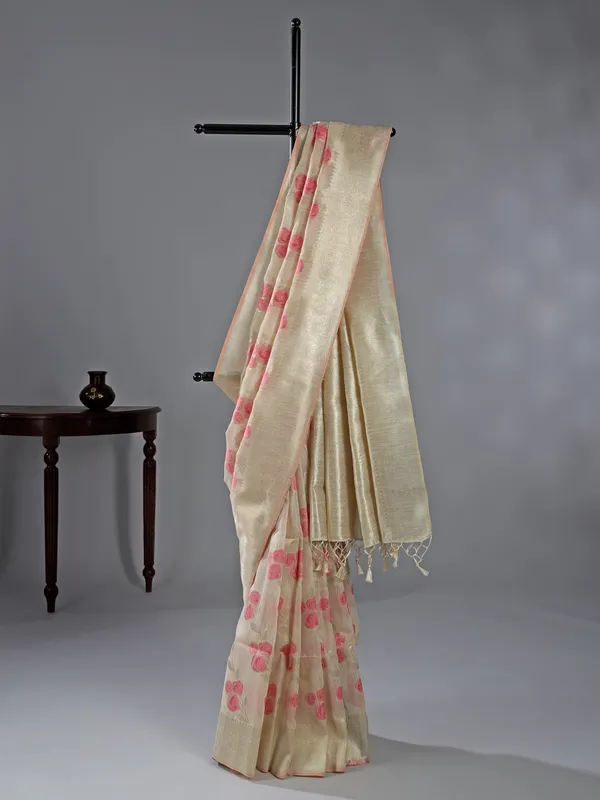 Beige and pink printed semi cotton silk saree for women