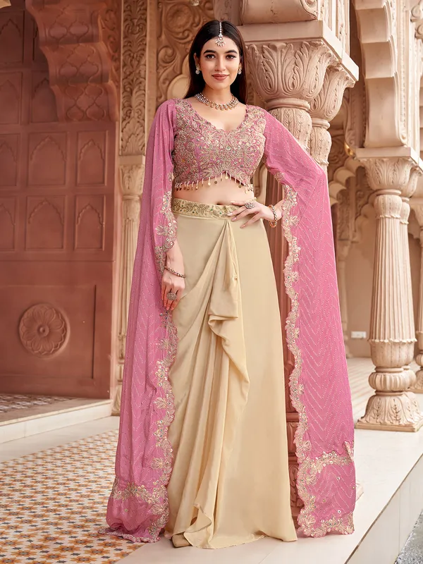 Beige and pink satin silk indo western suit