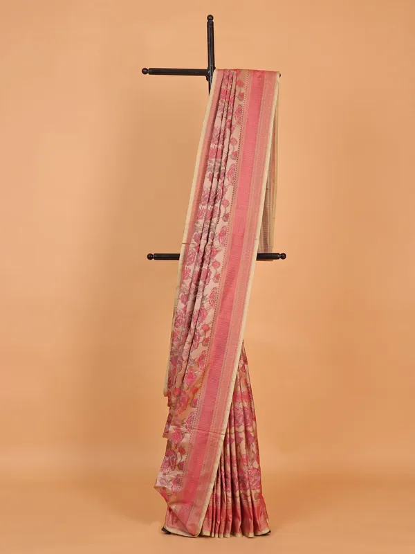 Beige and pink silk saree with zari work