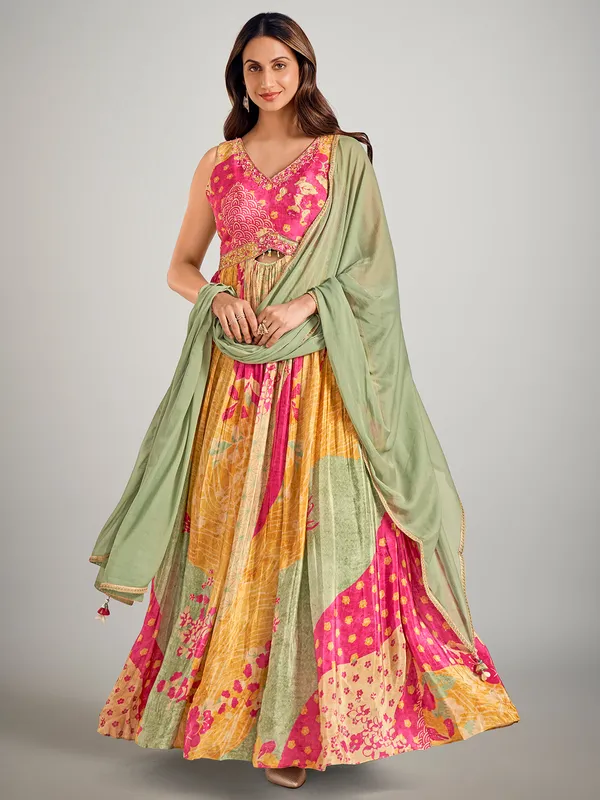 Beige and rani color silk designer suit
