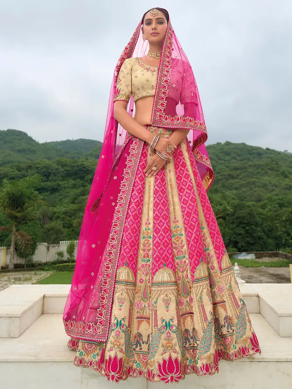 Beige and rani color silk lehenga choli
