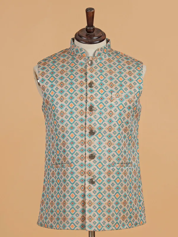 Beige and sky blue cotton silk waistcoat for men
