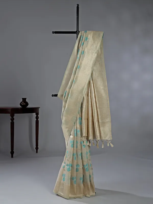 Beige and sky blue elegant work with print saree