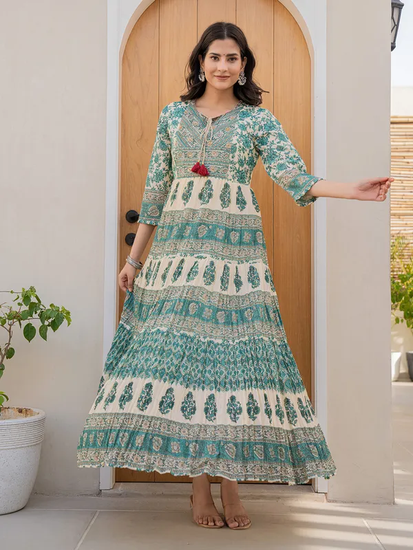 Beige and sky blue printed kurti in cotton