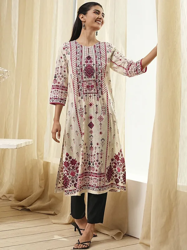 Beige and wine printed cotton silk kurti