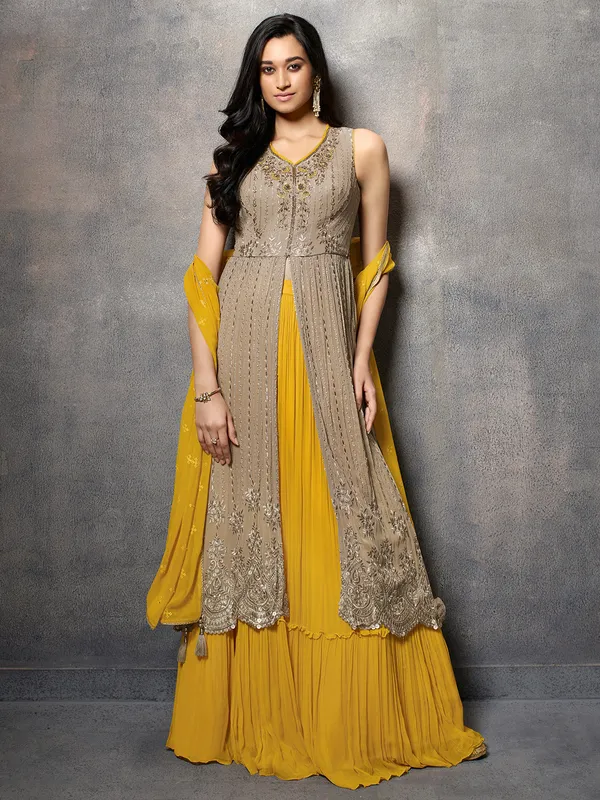 Beige and yellow georgette lehenga suit