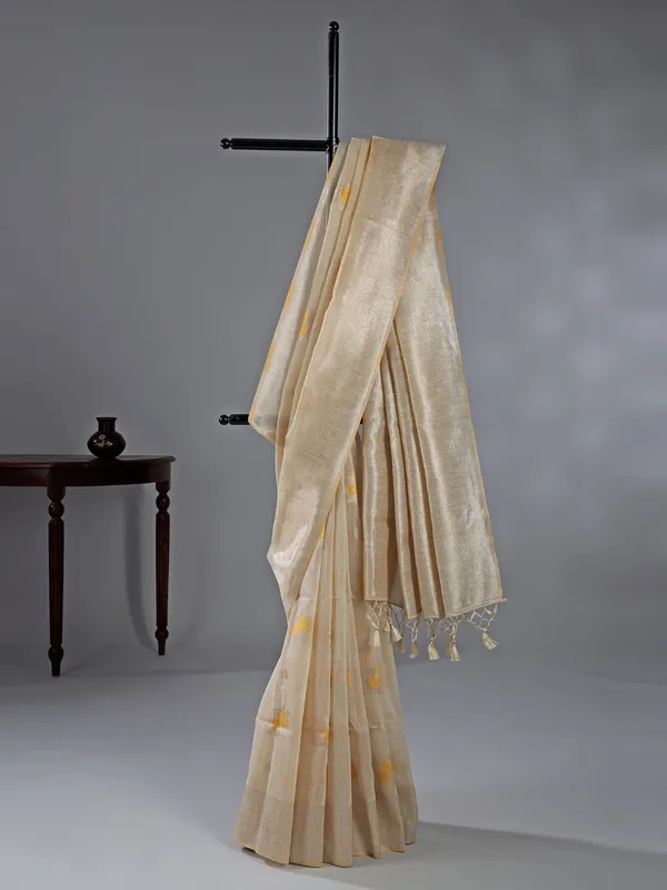 Beige and yellow printed semi cotton silk saree for women
