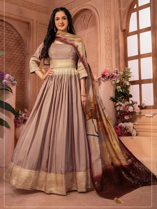 Beige banarasi silk anarkali floor length suit