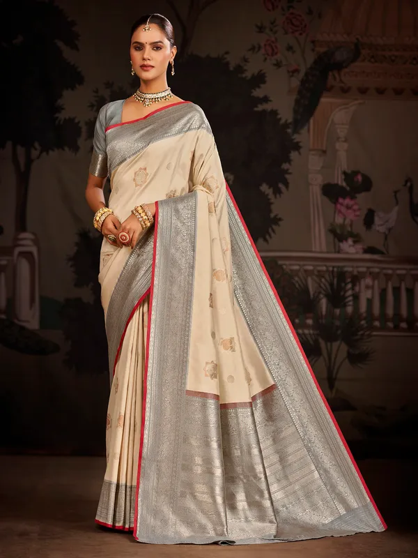 Beige banarasi silk saree with zari weaving