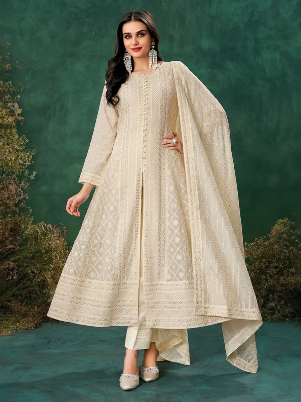 Beige chanderi thread worked salwar suit