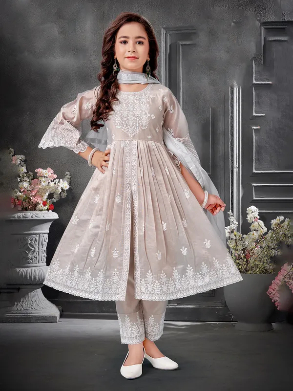 Beige chiffon salwar suit with embroidery and sequins