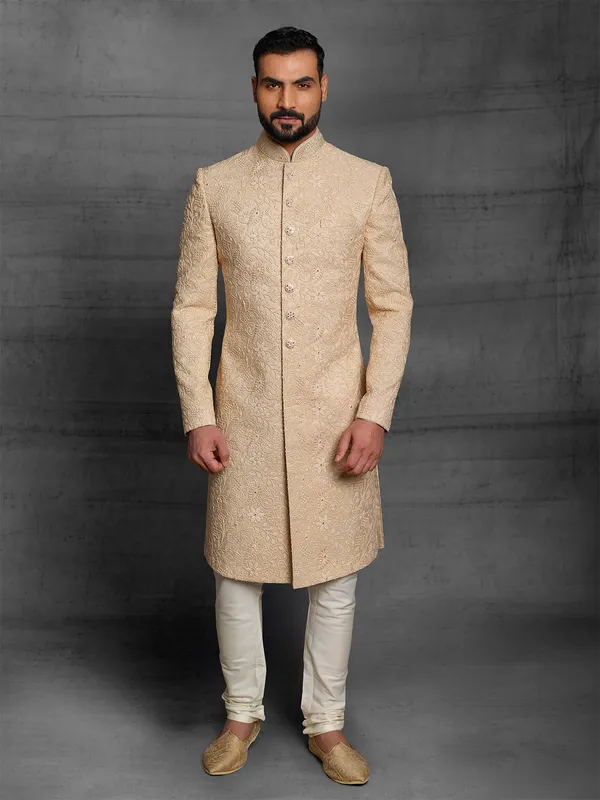 Beige color latest silk sherwani for wedding event