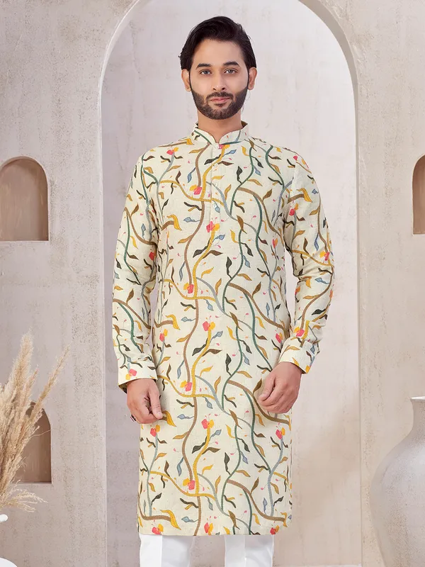 Beige cotton festive wear printed kurta suit
