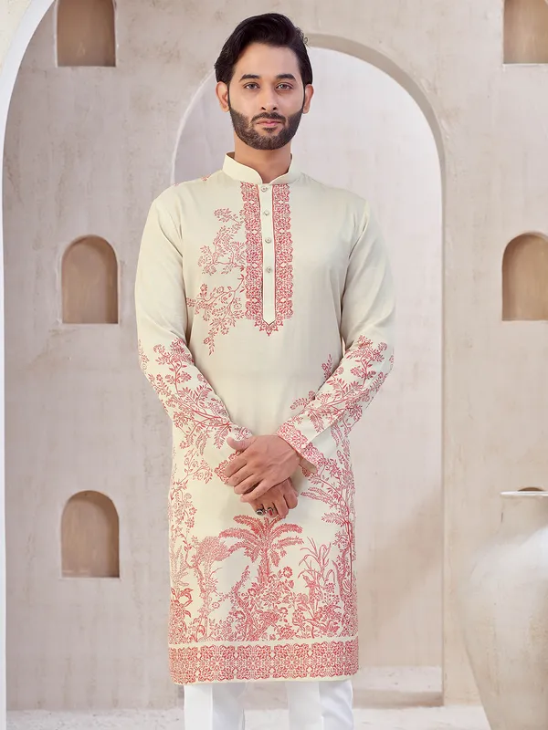 Beige cotton kurta pajama for festive wear