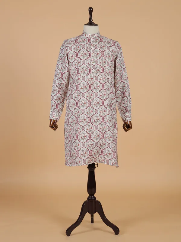 Beige cotton kurta set with colorful prints