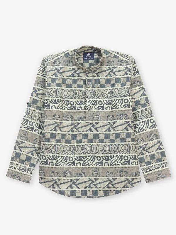 Beige cotton kurta style shirt for boys with print