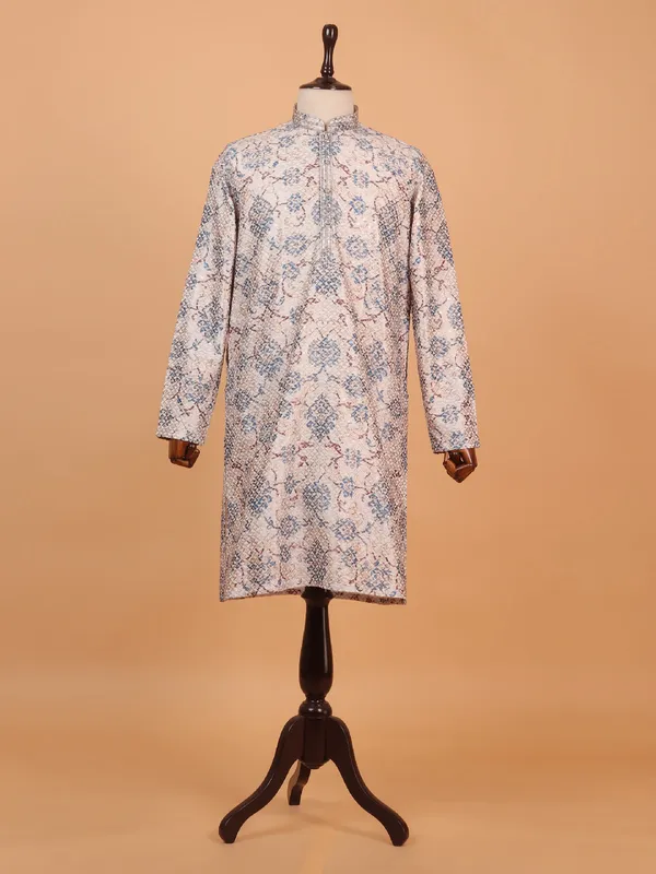 Beige cotton kurta suit with prints