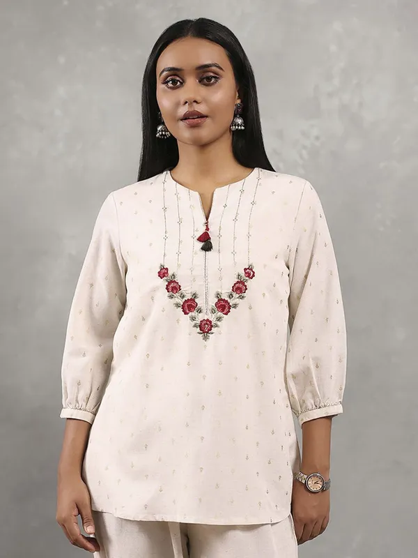 Beige cotton kurti with embroidery