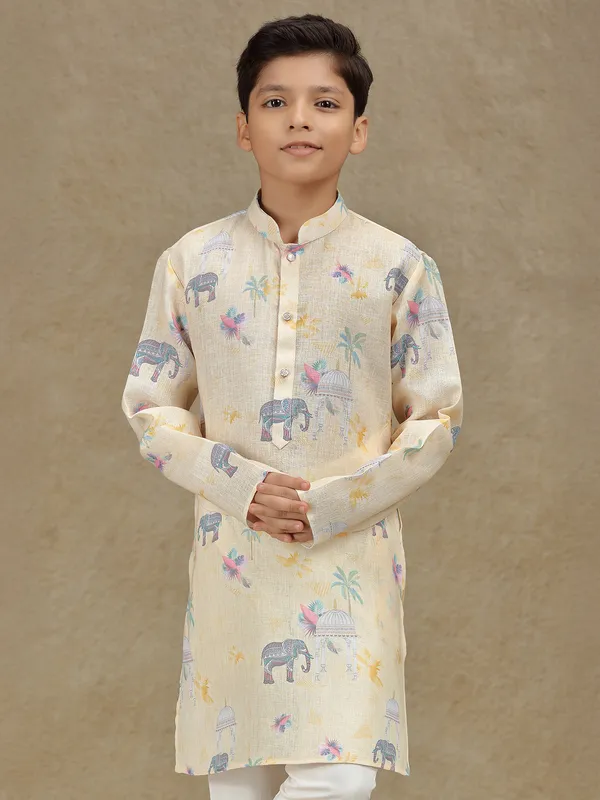 Beige cotton printed kurta suit for boys