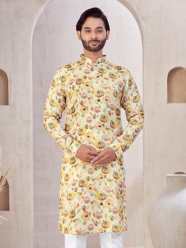 Beige cotton printed kurta suit for festival