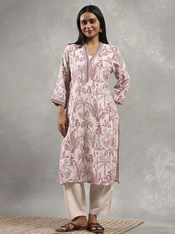 Beige cotton printed kurti for women