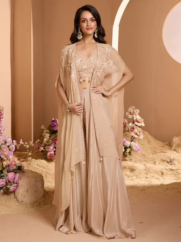 Beige cotton silk festive wear designer palazzo suit