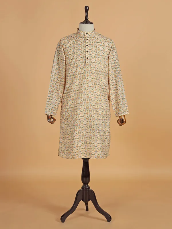 Beige cotton silk printed kurta suit for festive