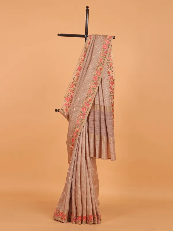 Beige cotton silk printed saree for women