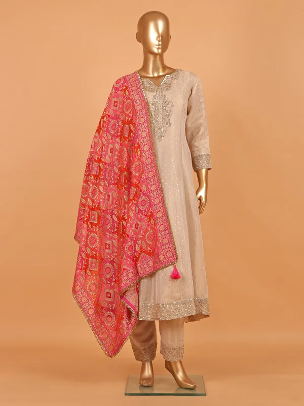 Beige cotton silk salwar suit with red dupatta