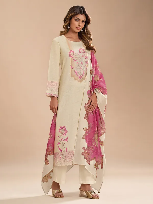 Beige cotton silk salwar suit with zari