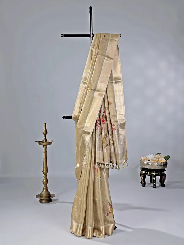 Beige cotton silk saree with festive detailing