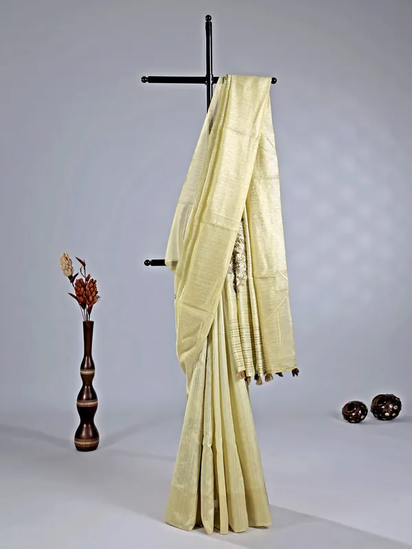 Beige cotton silk saree with thread work