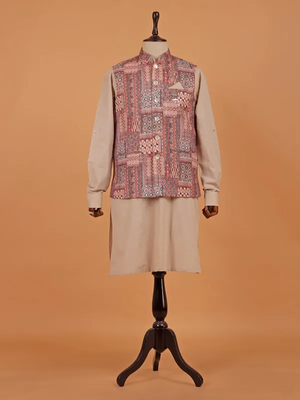 Beige cotton waistcoat set for men