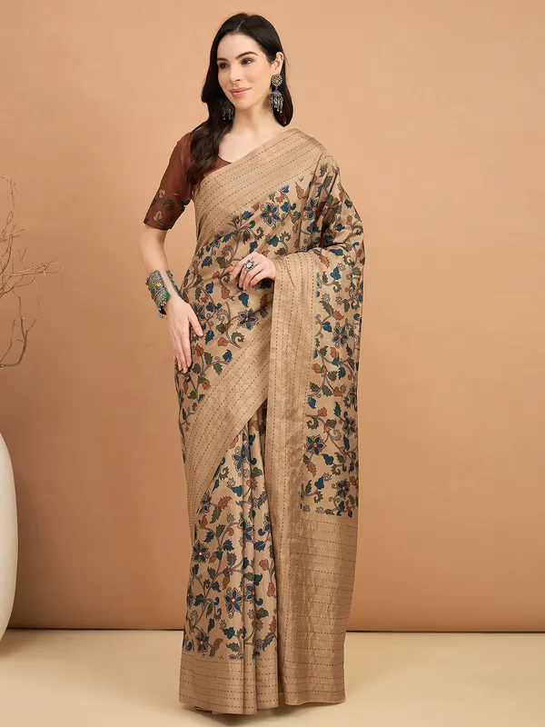 Beige cozi silk saree with thread work