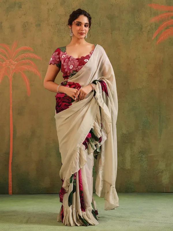 Beige crepe georgette saree for festive look