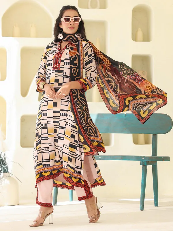 Beige crepe kurti set with dupatta