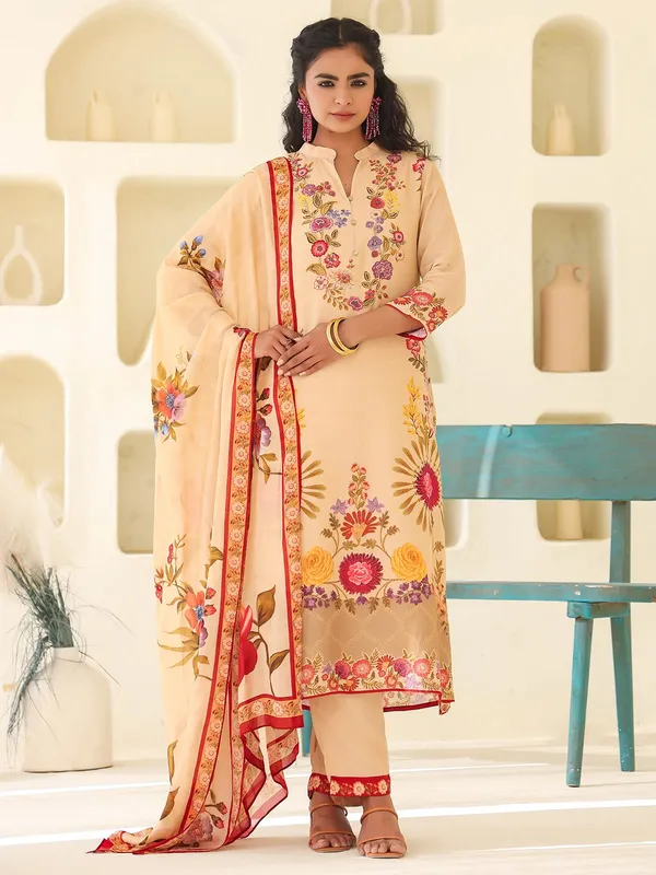 Beige dola silk kurti set with dupatta