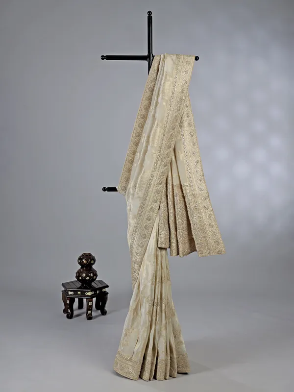 Beige dola silk zardosi work saree with blouse piece