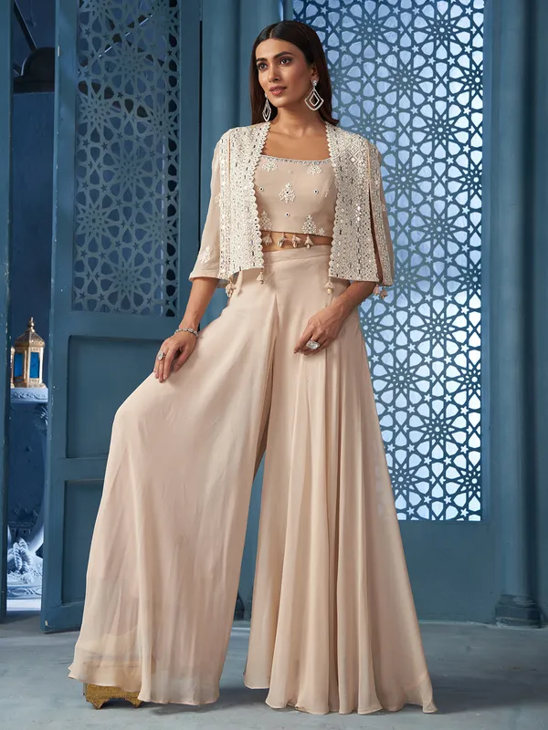 Beige elegant silk palazzo salwar suit