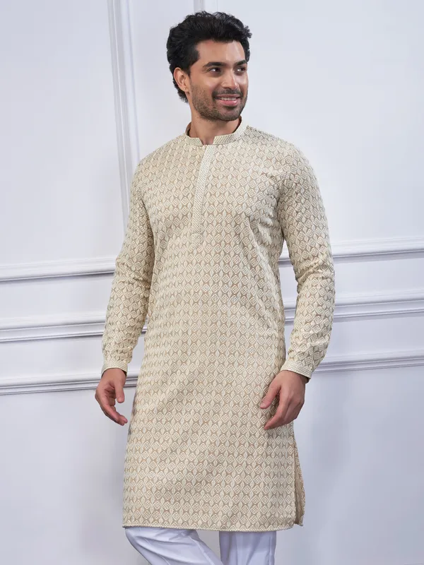 Beige embroidery cotton kurta suit for festive wear