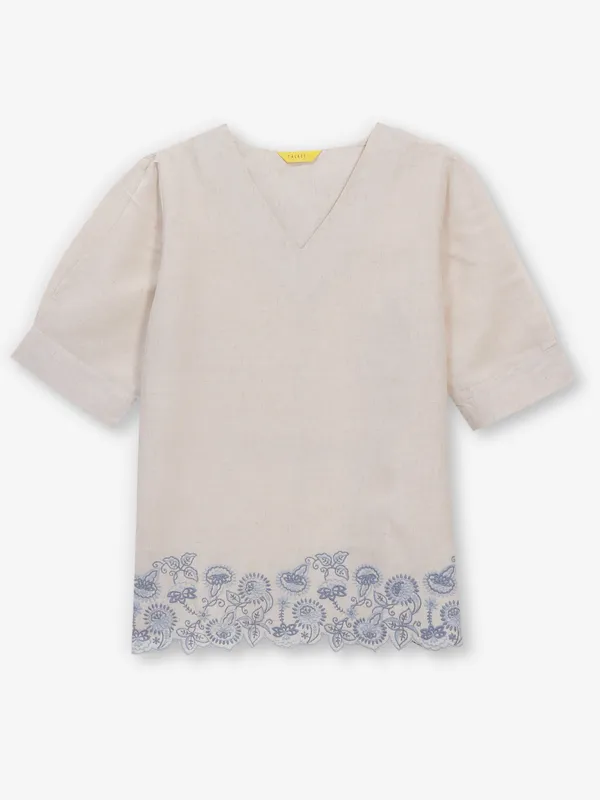 Beige embroidery silk half sleeve top