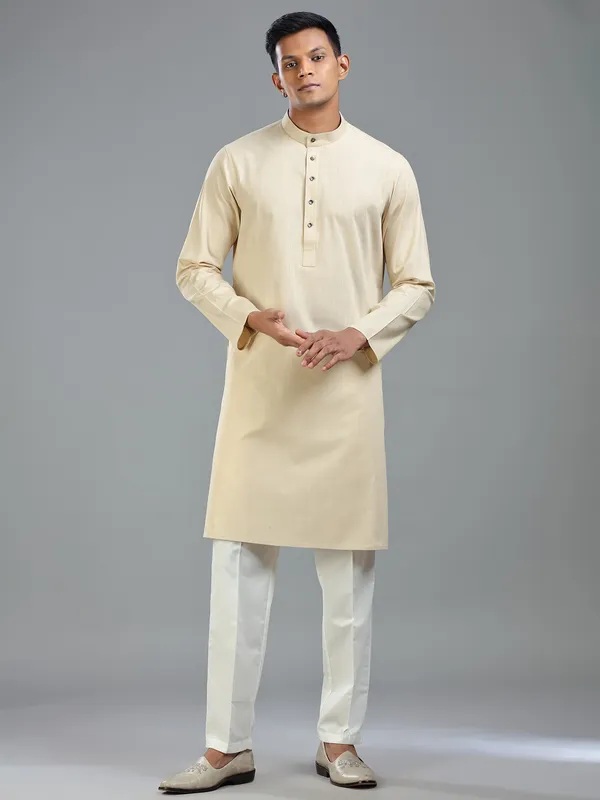 Beige festive ready plain kurta suit for men