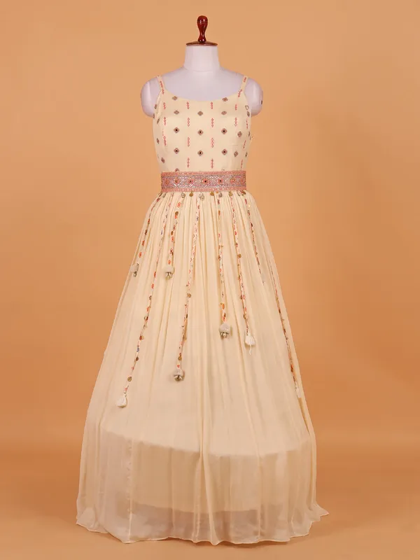 Beige floor length anarkali suit in tissue silk