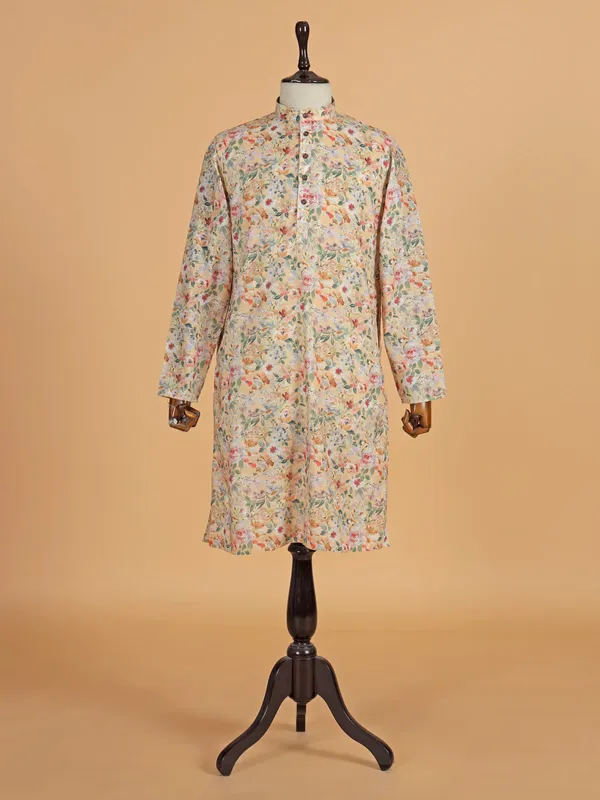 Beige floral printed cotton silk kurta suit