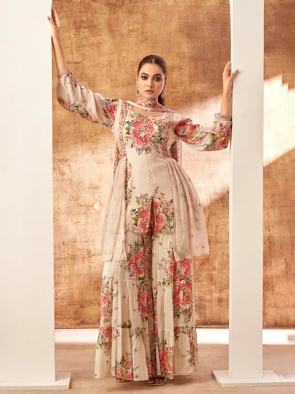 Beige floral printed georgette sharara suit
